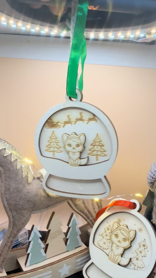 [Laser cut and engrave] Laser Cut Wooden Snow Globe Christmas Ornament with Fox and Santa