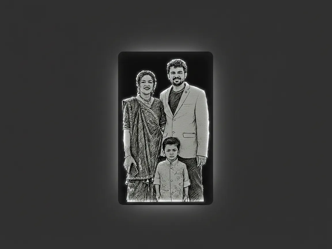Illuminated Family Portrait Sketch on Metal Card gift design