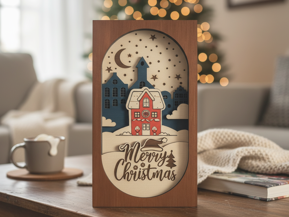 Merry Christmas Holzdekoration in Schichtoptik selbst gemachter Christbaumschmuck