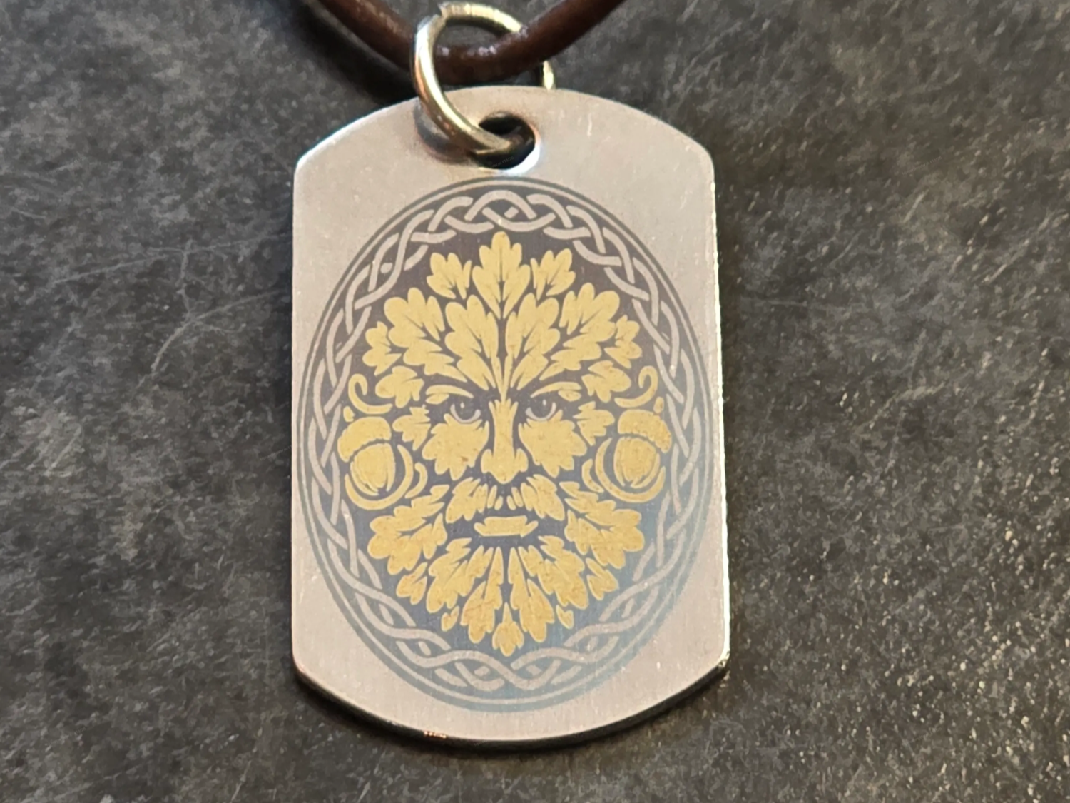 Green Man Motif Dog Tag Pendant with Celtic Knot Border | Free