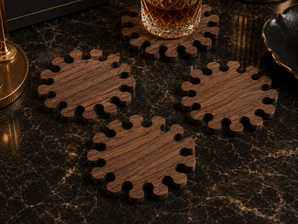 Set of dark wood drink coasters cut into interlocking gear shapes