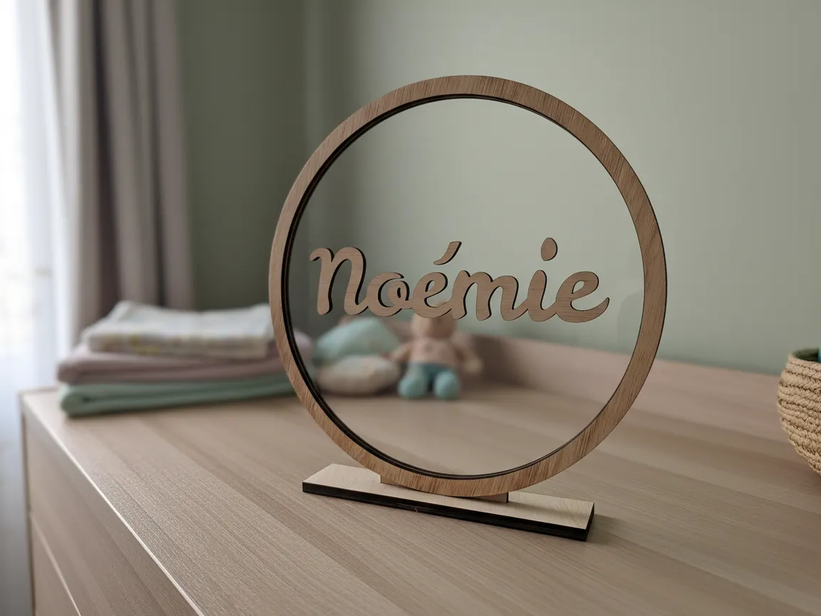 Round wooden name plate with floating cutout lettering