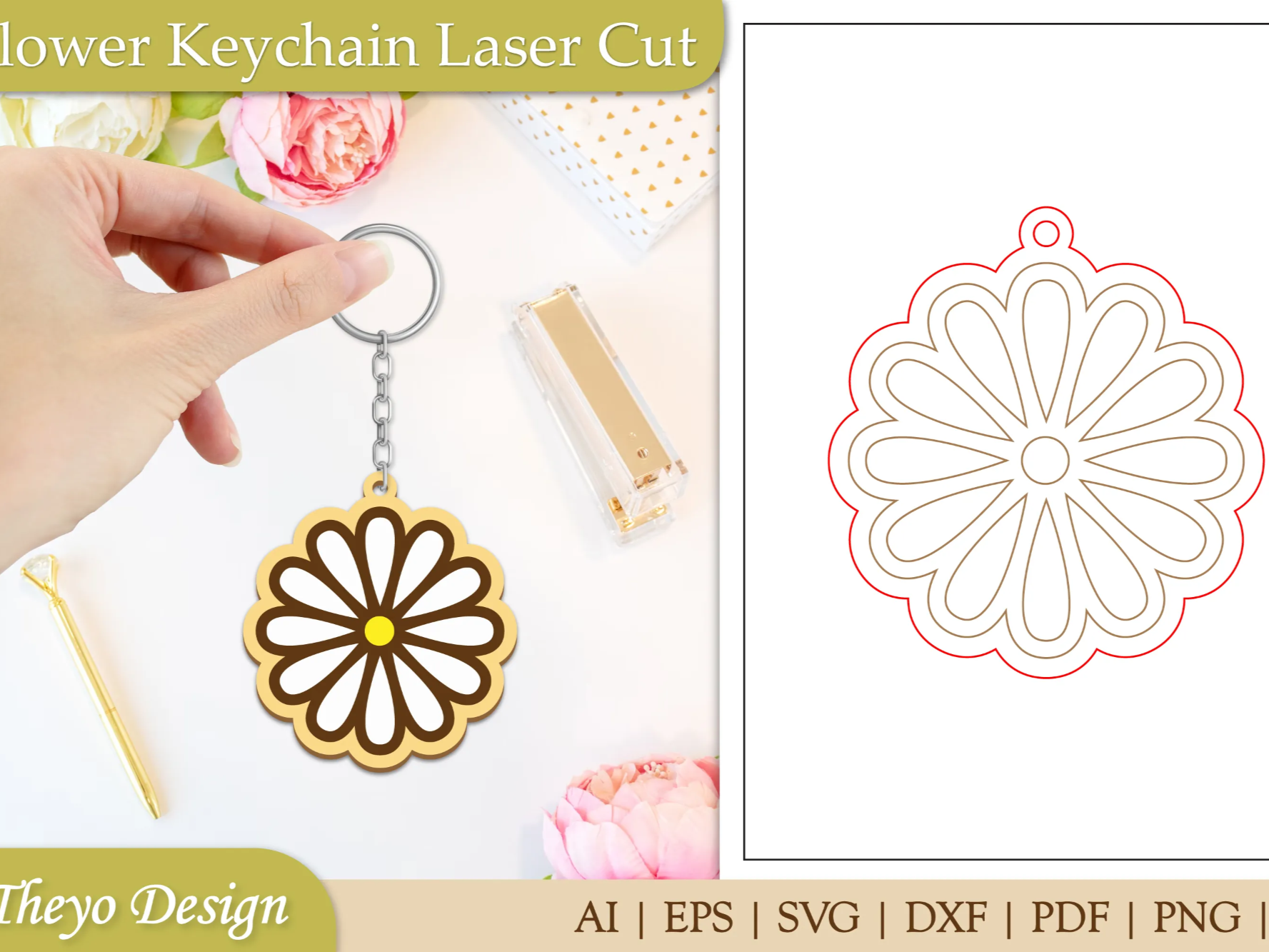 Flower Keychain, Laser Cut wooden flower design