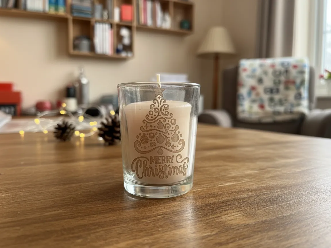 Laser engraved Merry Christmas candle holder on glass