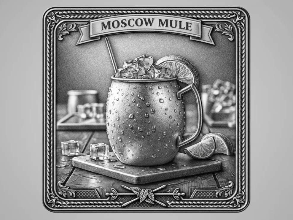 Coaster illustration of a Moscow Mule cocktail in a copper mug with lime and ice