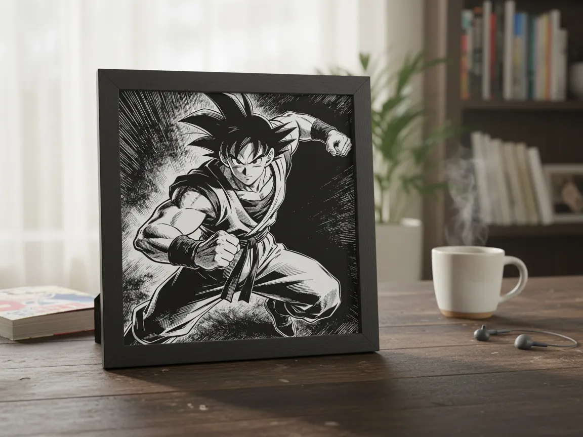 黒いフレームに入った白黒マンガスタイルの悟空が戦っているプリント、ドラゴンボールギフト
