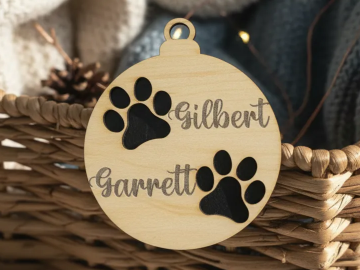 A round wooden ornament with painted paw prints and two pet names