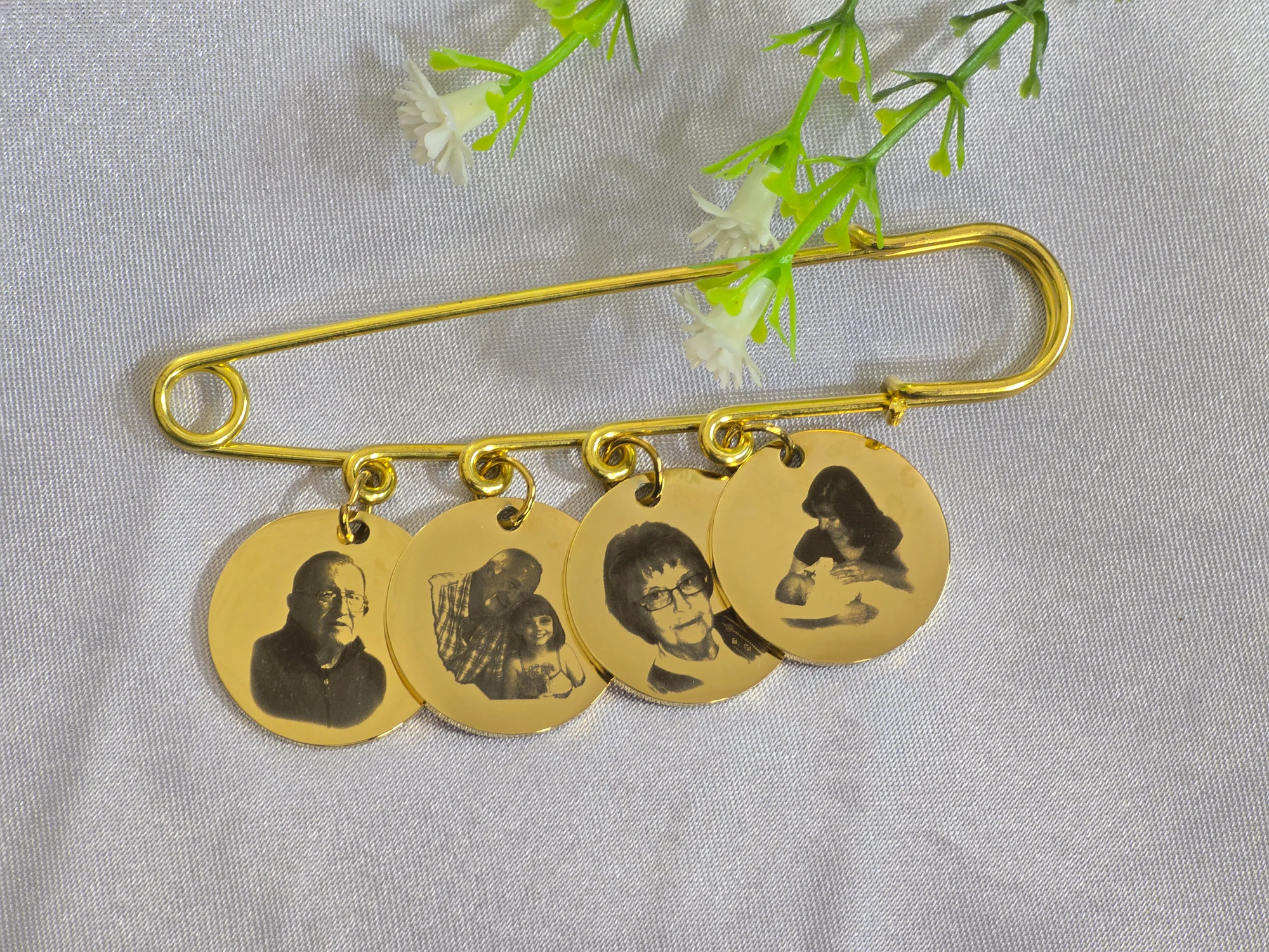 Gold Tone Safety Pin Brooch with Four Circular Photo Charms
