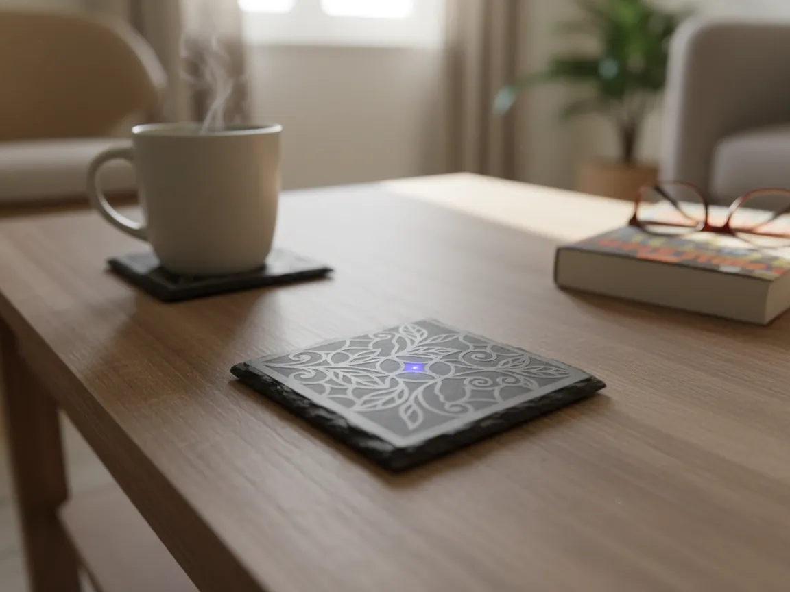Decorative stone coaster with a built in blue LED light