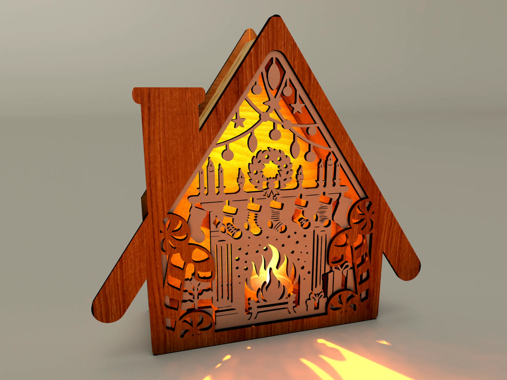 Gabled wooden house lantern with glowing fireplace scene inside Christmas outdoor light idea