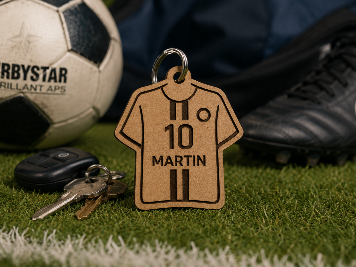 Personalized soccer jersey keychain with number and name design