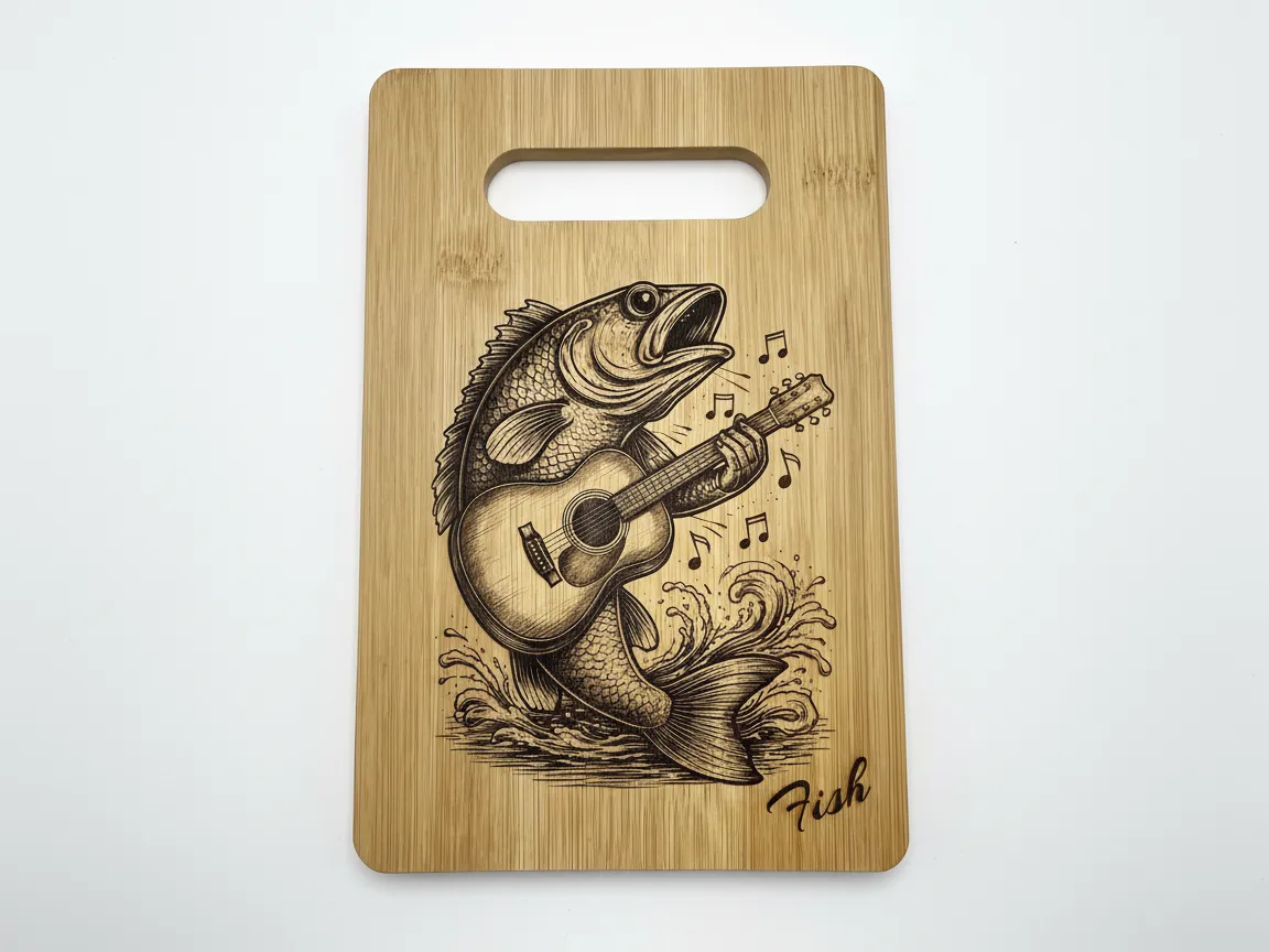 Bamboo Cutting Board Featuring a Fish Playing Acoustic Guitar cutting board design