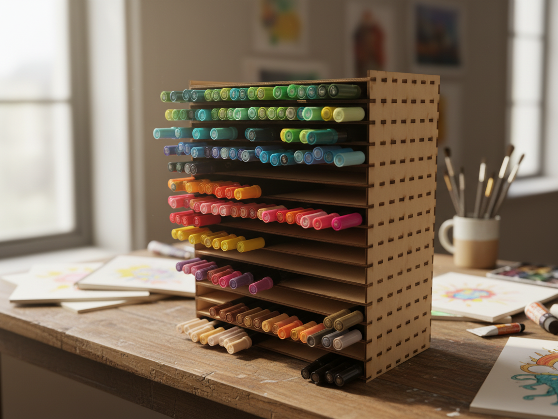 Laser Cut Wooden Marker Organizer Rack for Art Supplies