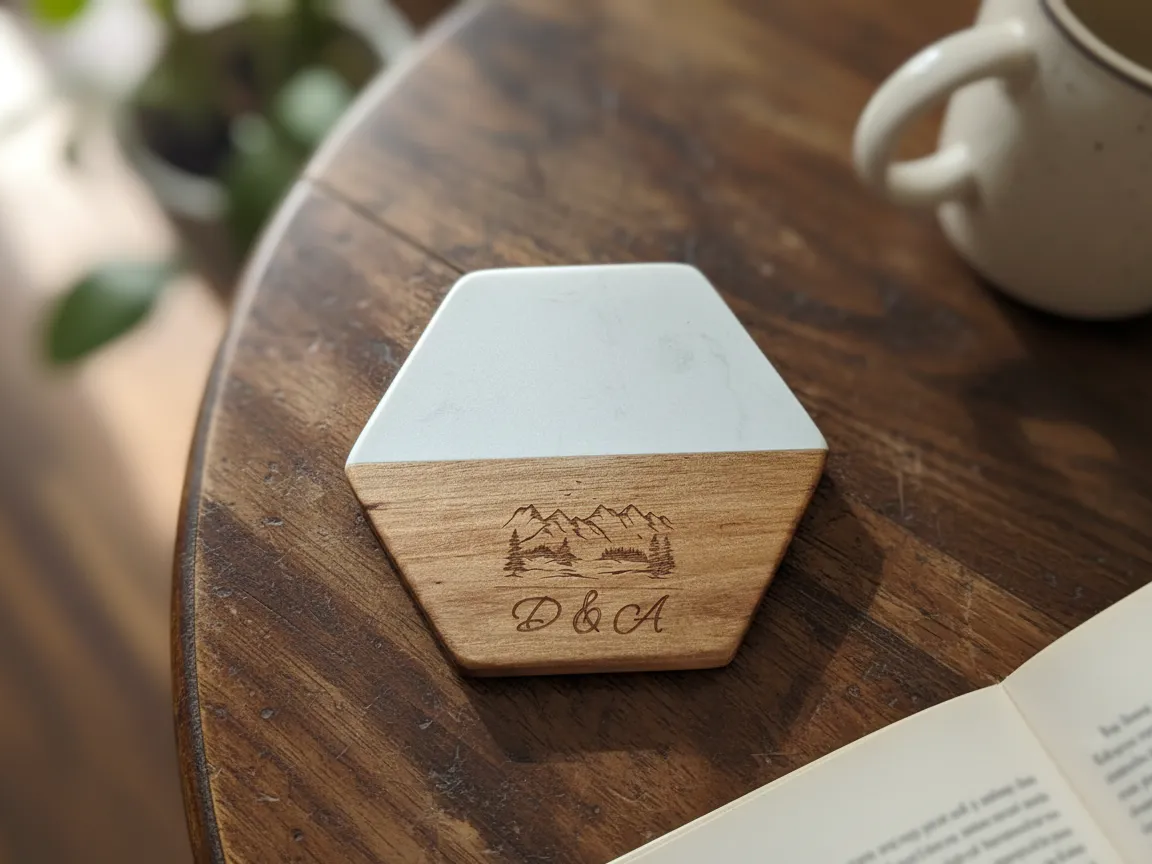 Hexagonal Wood and Marble Coaster with Mountain Engraving