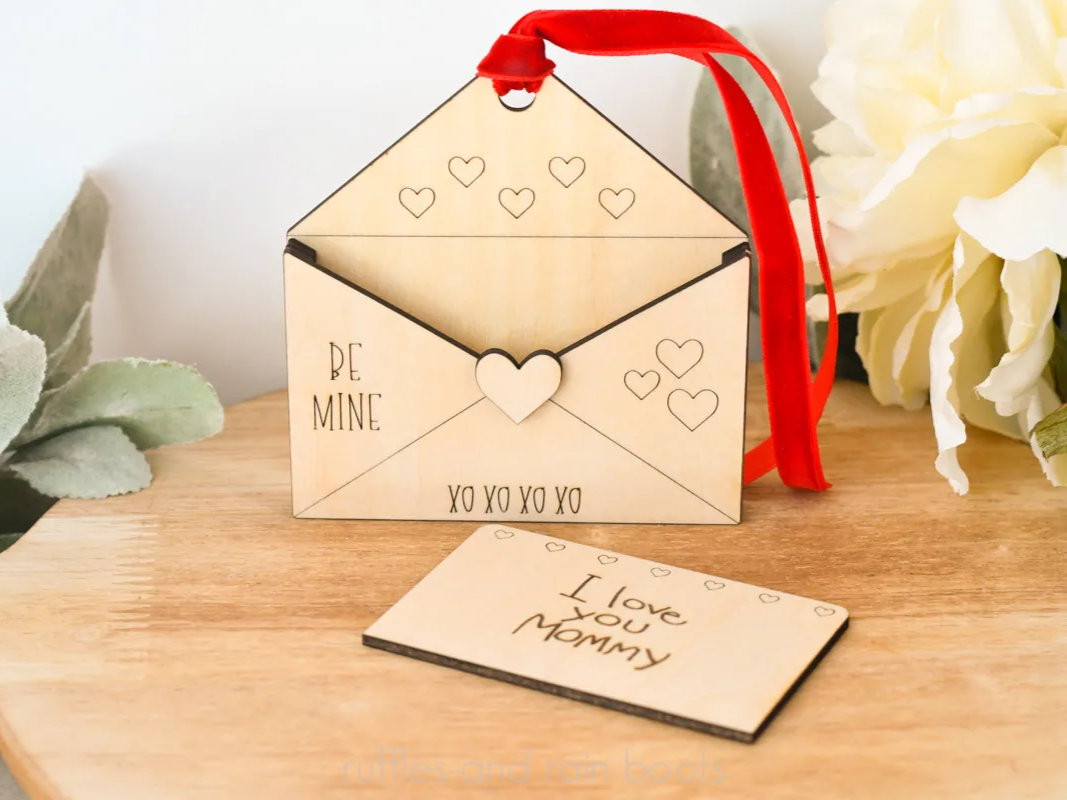 Laser Cut Wooden Valentine Letter and Envelope - Valentine's Day Letter with Custom Note (All Two-Sided) personalized ornament design on Atomm