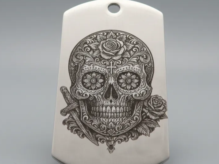 Laser Engraved Sugar Skull Metal Dog Tag Pendant sugar skull dia de los muertos design