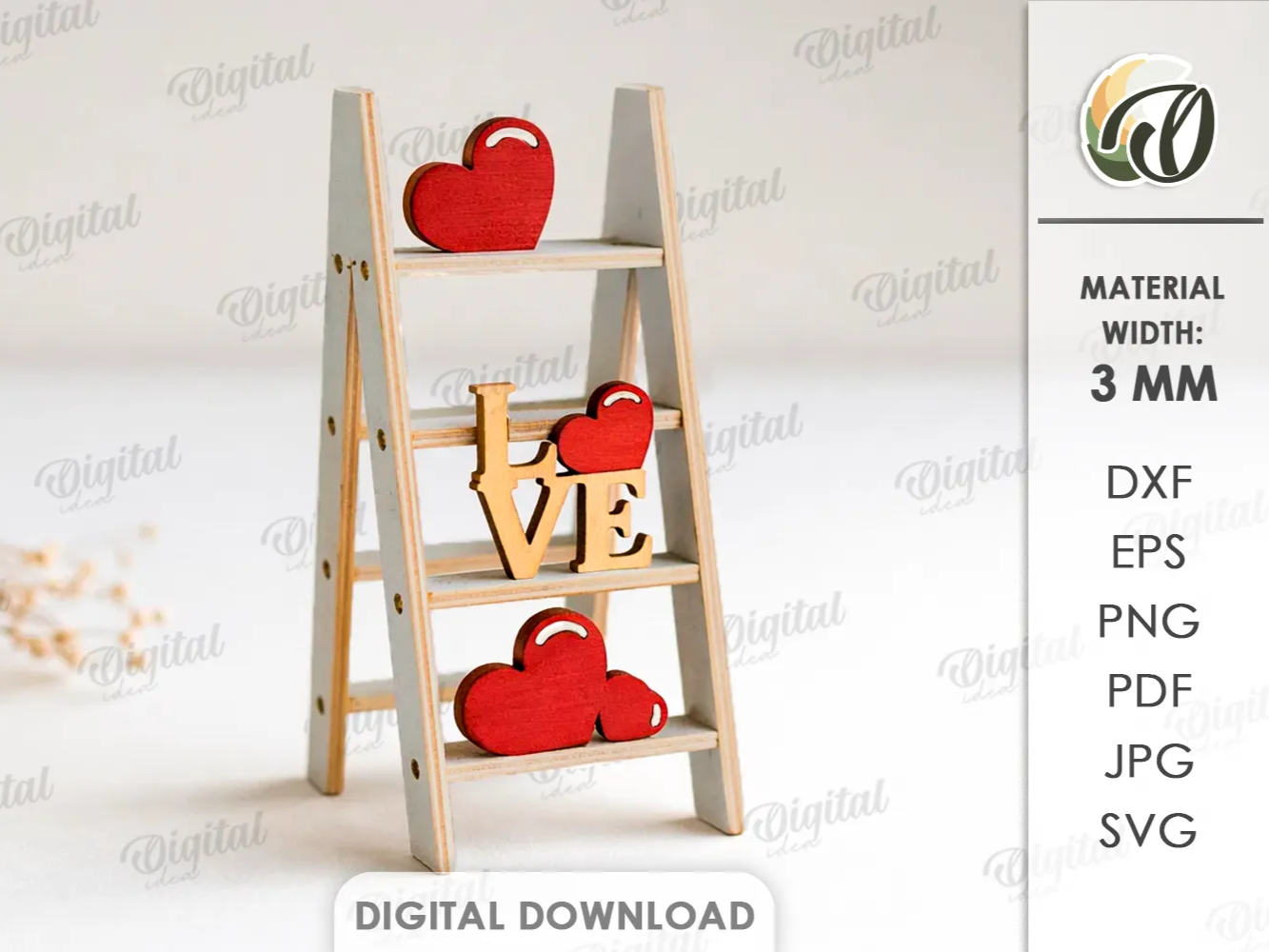 Valentine's Day Mini Ladder Shelf Sitters laser-cut design on a styled shelf