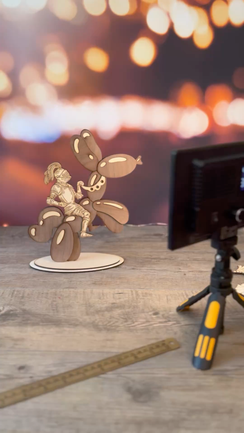 [Laser cut and engrave,Blade cut,Foil transfer,Inkjet printing,Pen drawing] Sir Bounce-a-Lot! Wooden knight riding a balloon dog sculpture