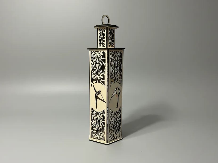 Laser cut floral themed wooden spring lantern with warm glow