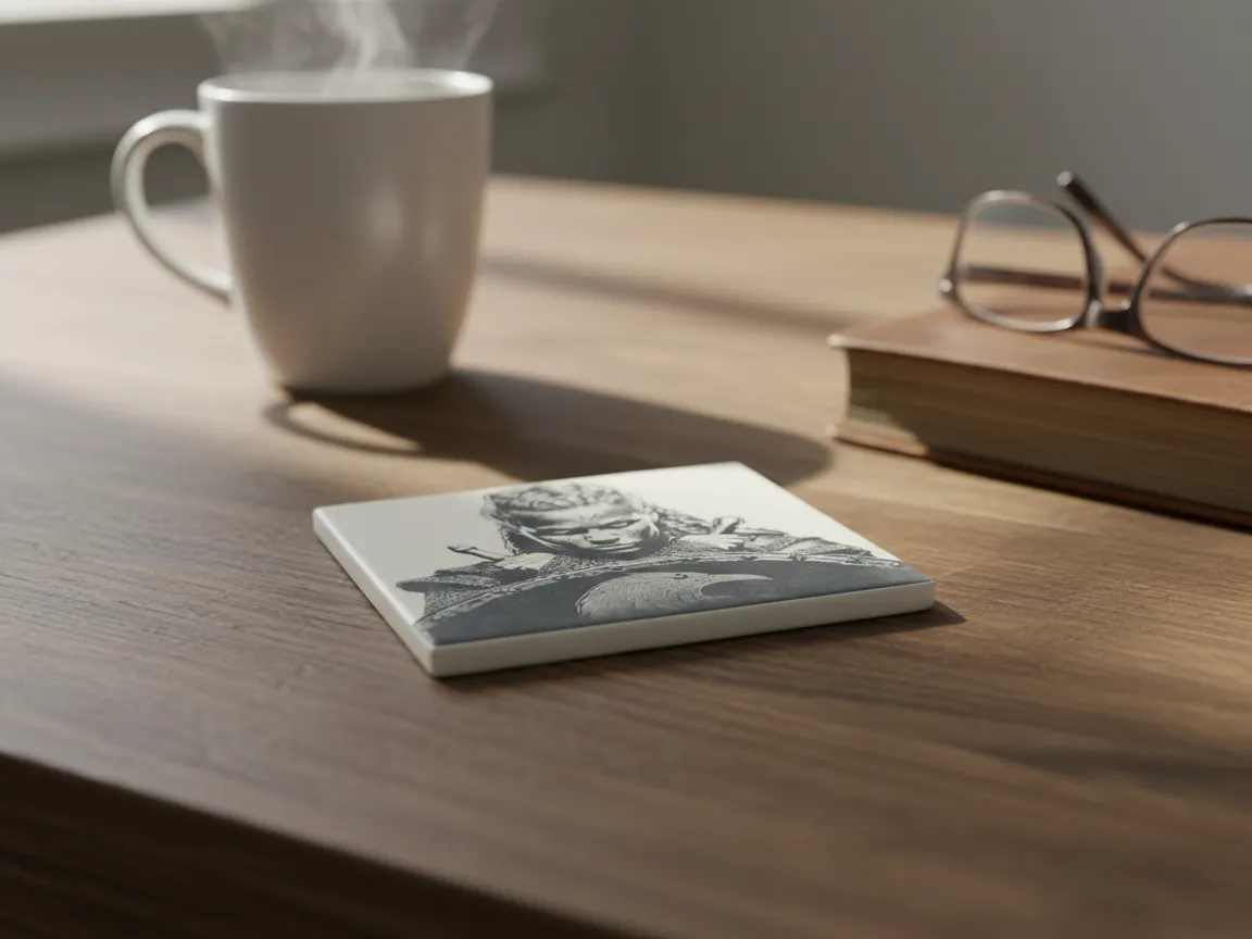 White tile square coaster with Shield Maiden Norton illustration