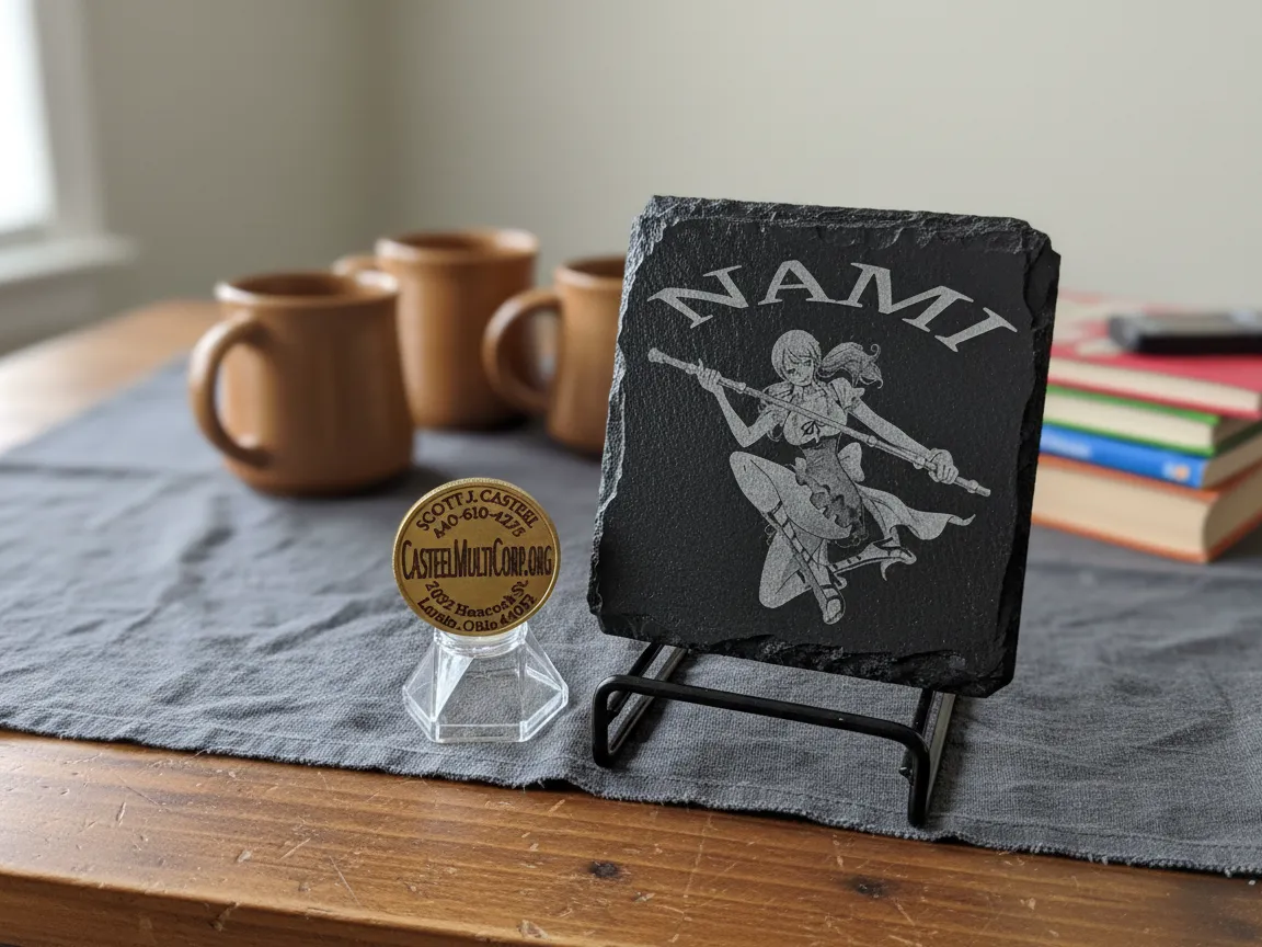 Black square slate coaster engraved with Nami holding staff weapon gift idea