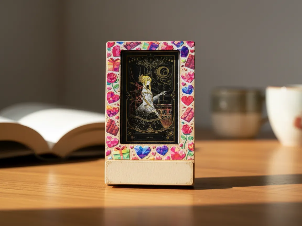 A wooden picture frame with a UV-printed border of colorful hearts, roses, and gift boxes around a magnetic photo plate