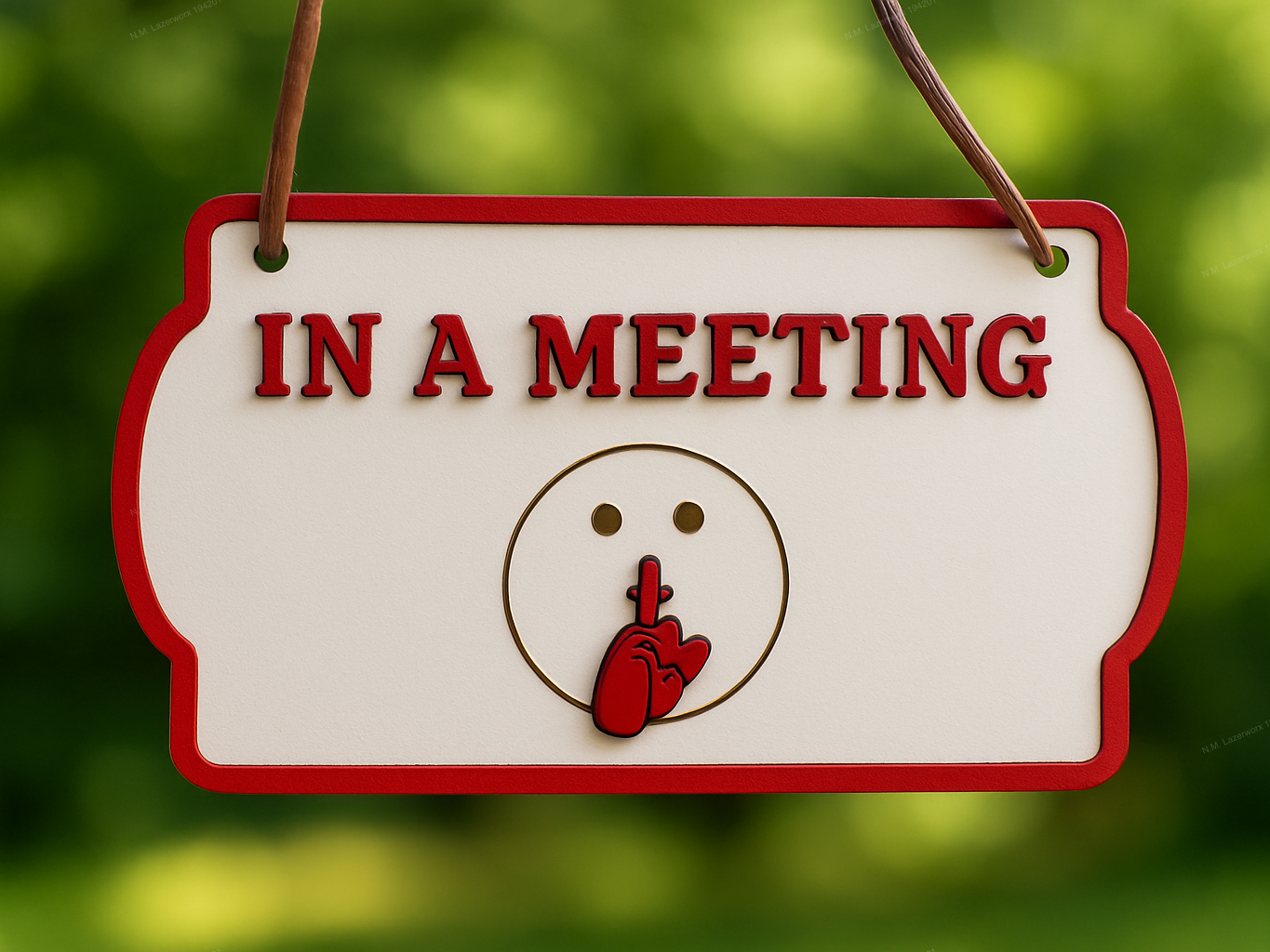 Un letrero colgante de escritorio que dice In a Meeting con una cara pidiendo silencio