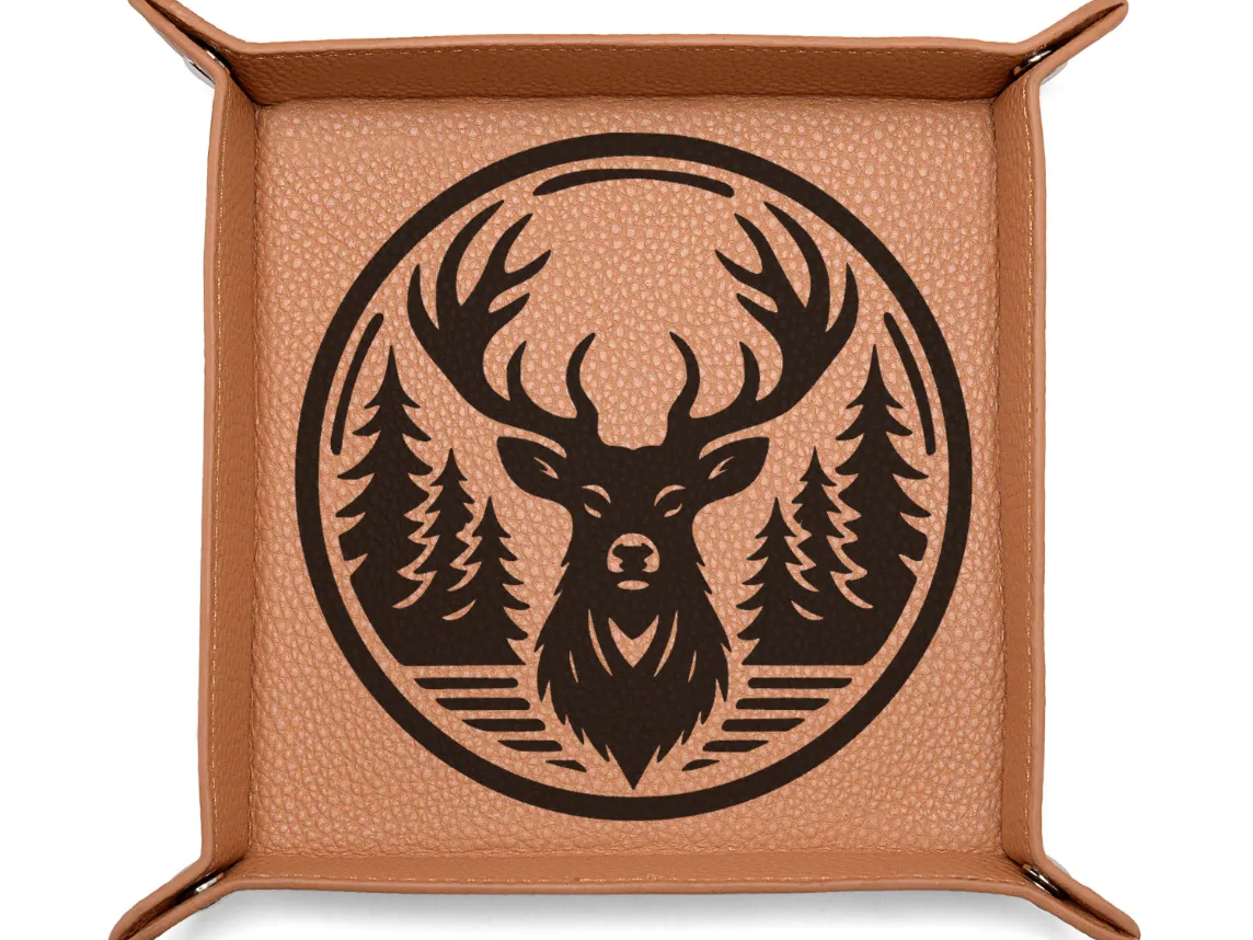 Laser Engraved Leather Catchall Tray with Deer and Pine Tree Design dad birthday gift idea