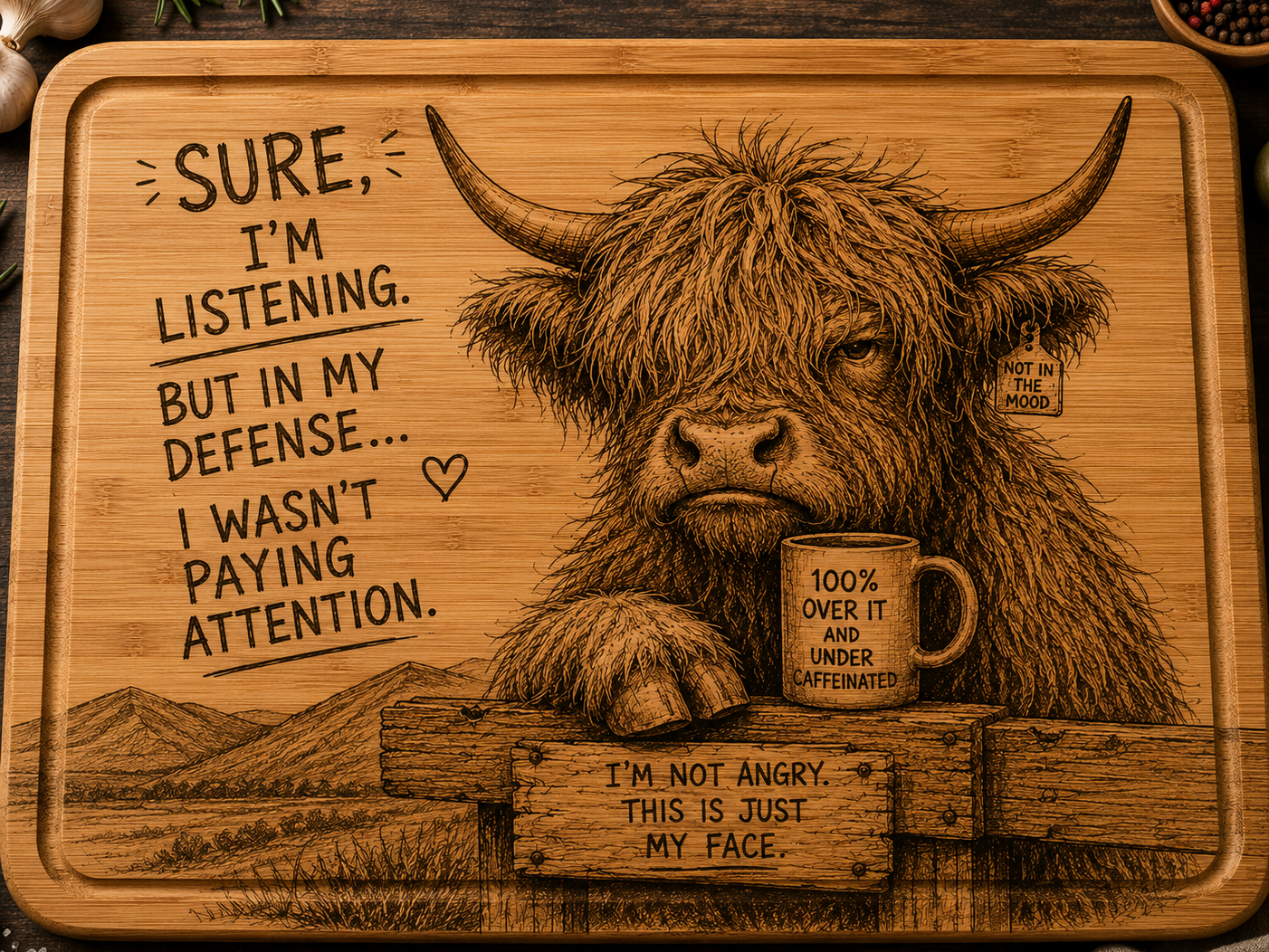 Highland Cow Cutting Board with Sarcastic Quote cutting board design