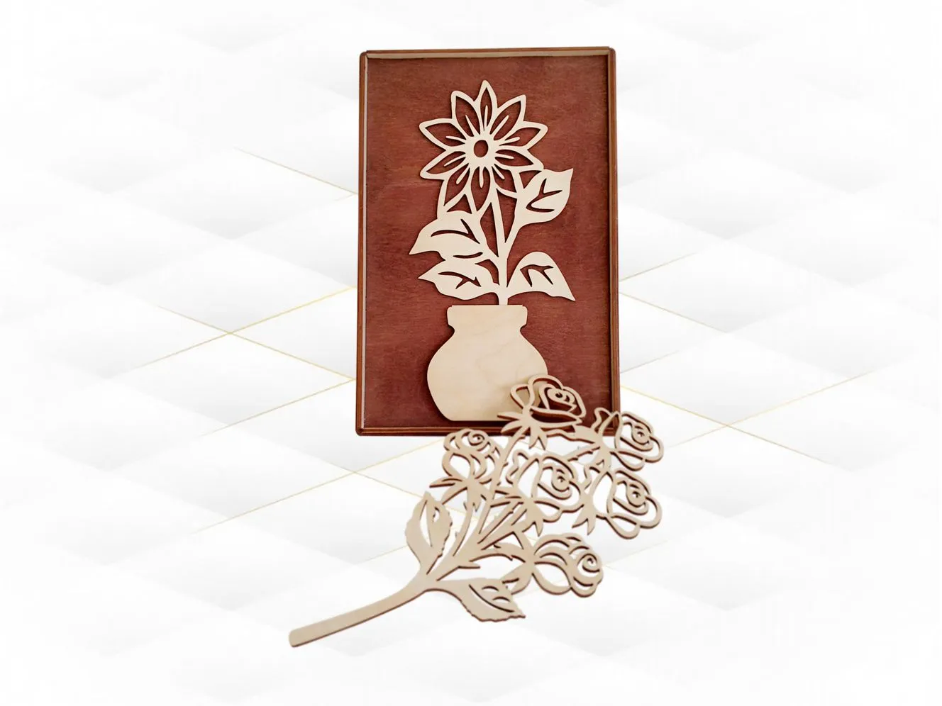 Laser-cut wall decor vase with flower silhouette design