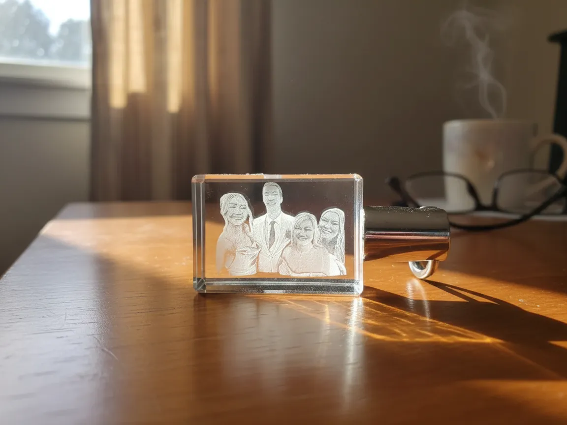3D crystal keychain engraved with a family portrait photo