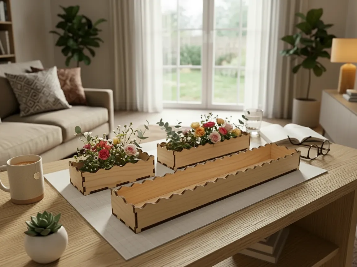 Scalloped edge wooden rectangular planter boxes for high shelf greenery