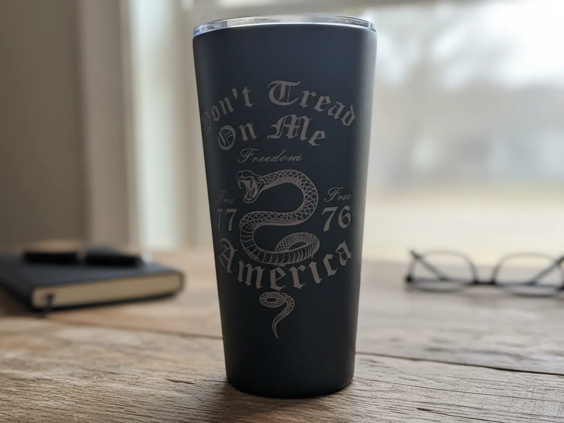 Laser Engraved Black Tumbler with Don't Tread On Me Snake Design — free patriotic laser/print project file on Atomm