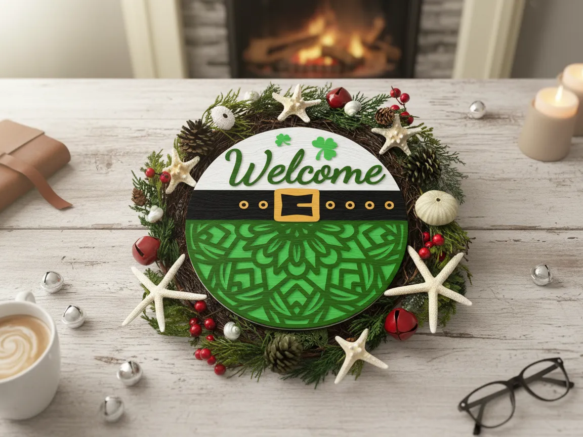 Shamrock welcome sign door hanger with lucky clover