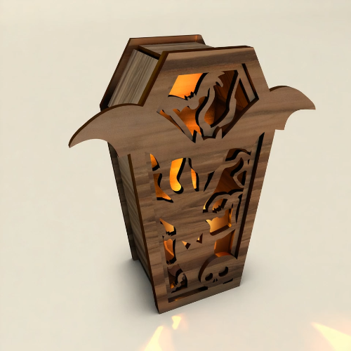 [Laser cut and engrave] Coffin Lantern SVG - Halloween Spooky Bat & Skull Tealight Holder
