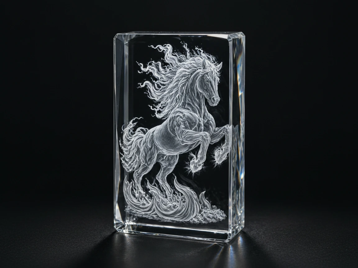Crystal Block Featuring a Rearing Horse with Flowing Mane | Free