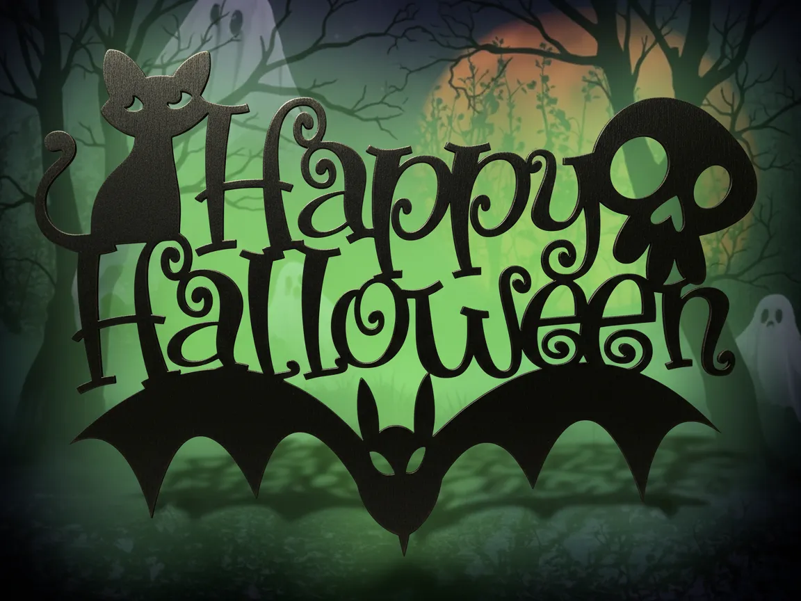 Настенный декор «Happy Halloween» с котом, черепом и летучей мышью — лазерная резка