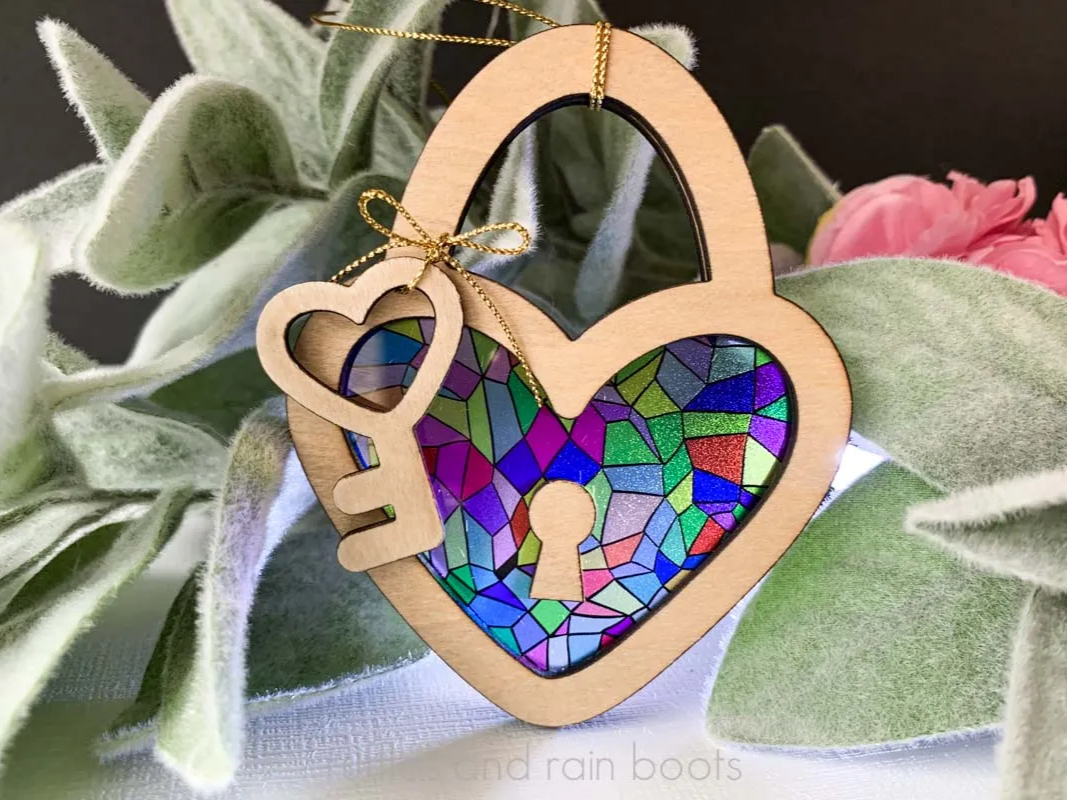 Laser Cut Heart Lock Gift with Stained Glass Effect personalized ornament design on Atomm