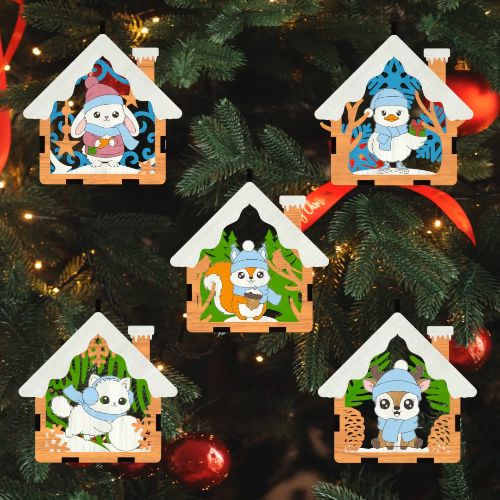[Laser cut and engrave] 🎄 Christmas Animal Ornaments Set of 9 — Layered House-Shaped Laser Cut Files