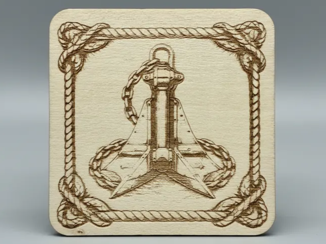 Square wooden coaster engraved with a nautical anchor design