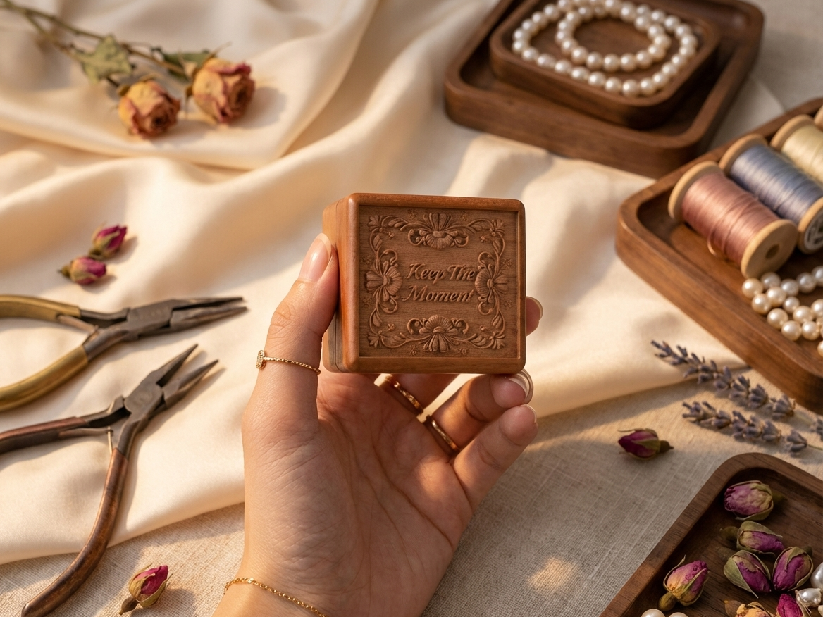 Laser Engraved Wooden Jewelry Box laser-cut design on a styled shelf