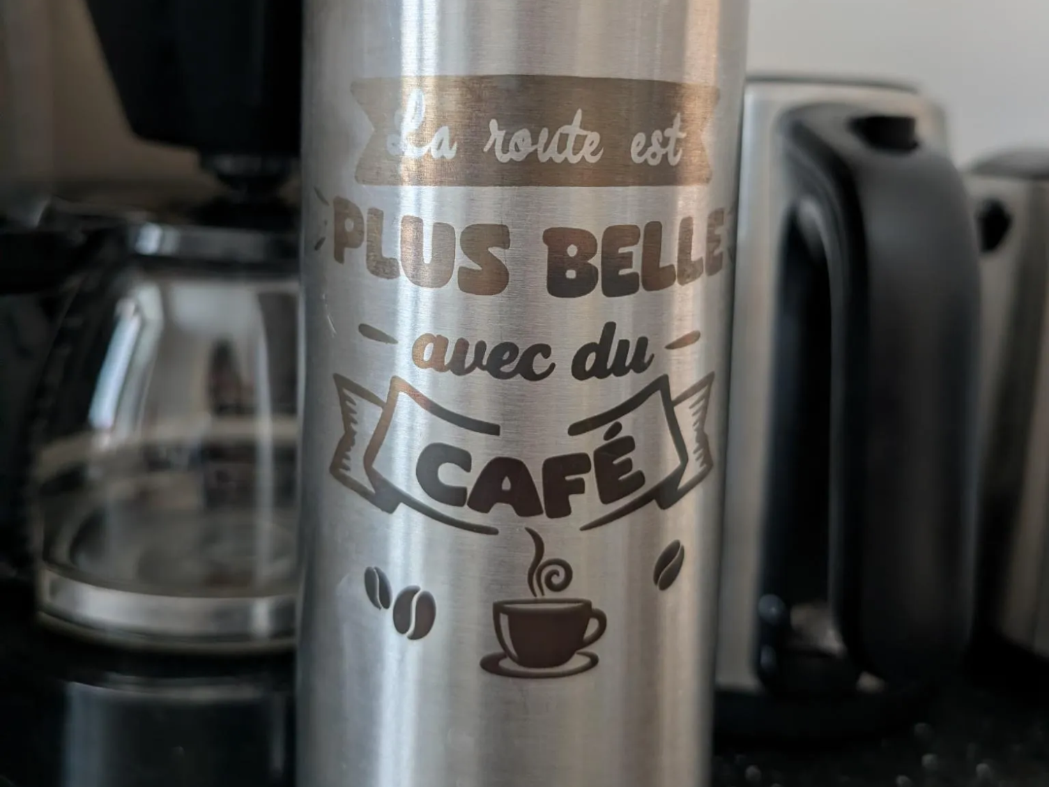 Coffee Tumbler with Engraved French Quote laser engraved custom tumbler idea
