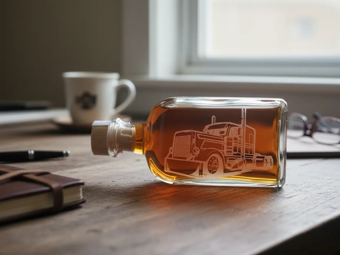 Glass Whiskey Decanter Featuring Semi Truck Illustration gift for husband idea
