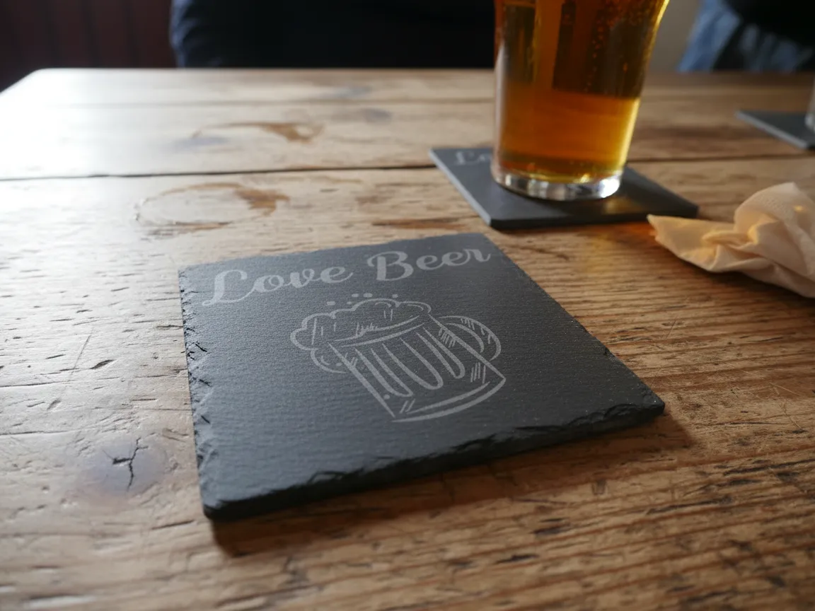 Slate coaster engraved with a heart and beer illustration