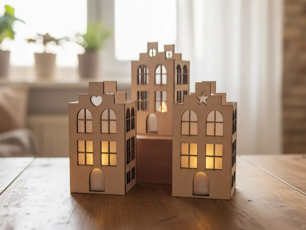 Set of laser-cut wooden house tea light candle holders