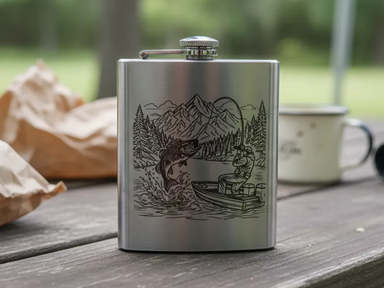 Stainless Steel Hip Flask Featuring Fishing Scene with Mountain Landscape groomsmen gift idea