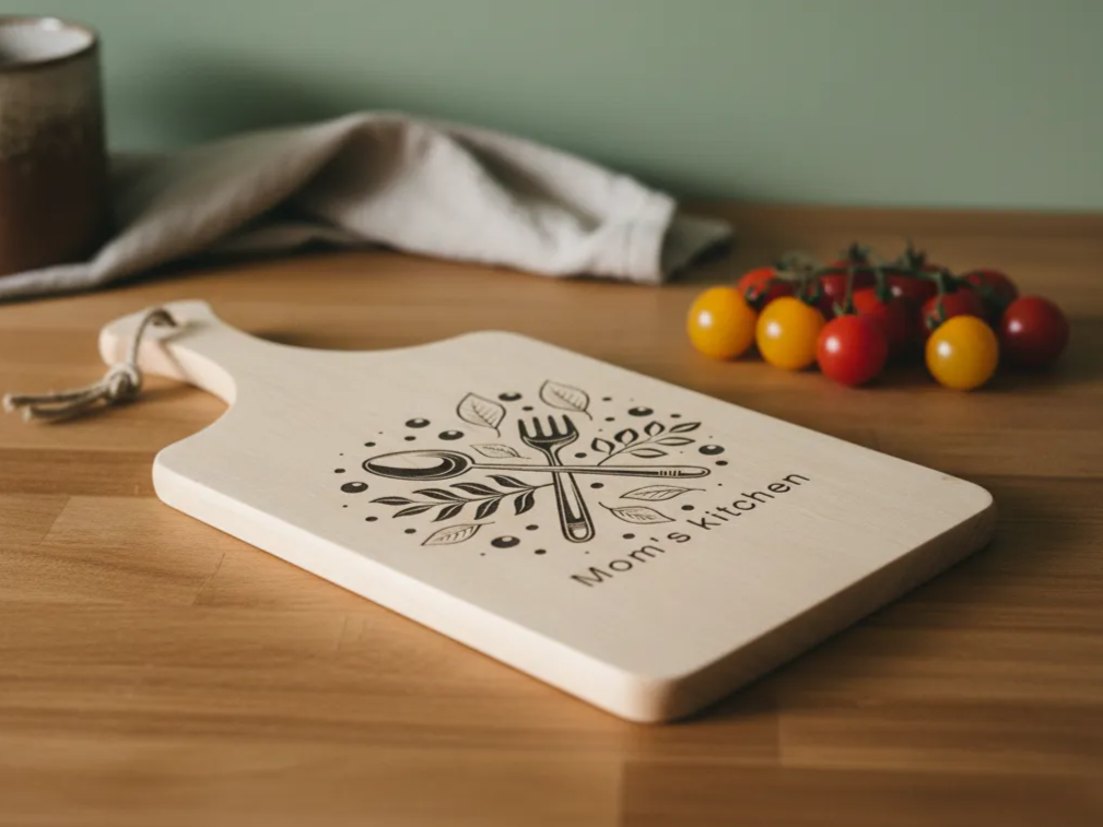 Mom's Kitchen Wooden Serving Board with Spoon and Fork Motif cutting board design