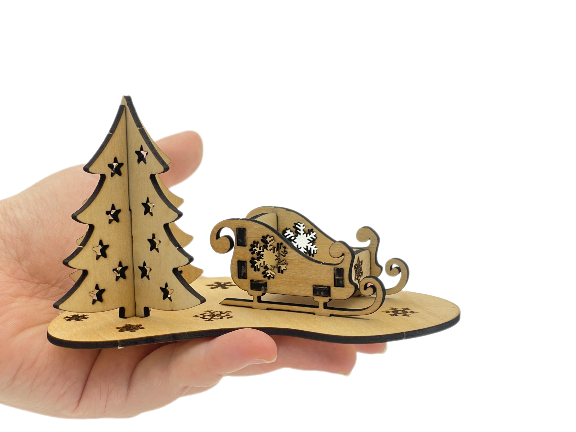 Christmas Tree & Sleigh Decoration with Snowflakes and Lettering shadow box design