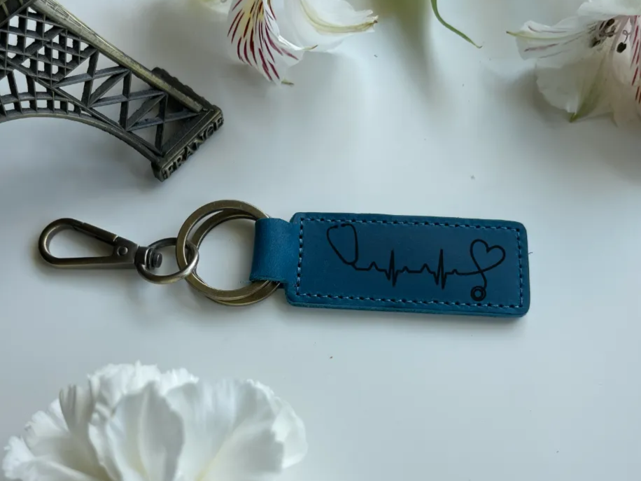 Laser engraved blue leather medical heartbeat keychain gift