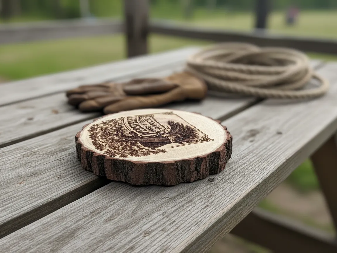 Dessous de verre en bois gravé d'un paysage de ranch et d'un arbre